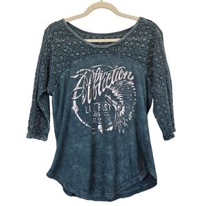 Affliction Womens Long Sleeve T-Shirt XL Crochet Sleeve‎ Graphic Edgy Streetwear